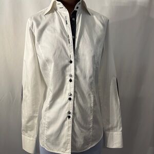 Jared Lang White Button-Up Fitted Shirt with Black Accents Size 4